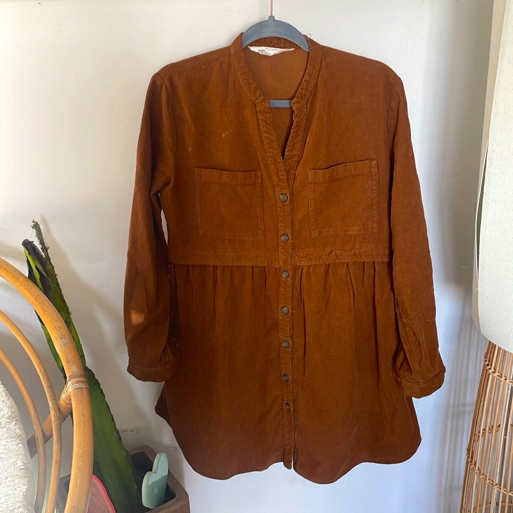 Zara Brown corduroy l/s mini baby doll dress